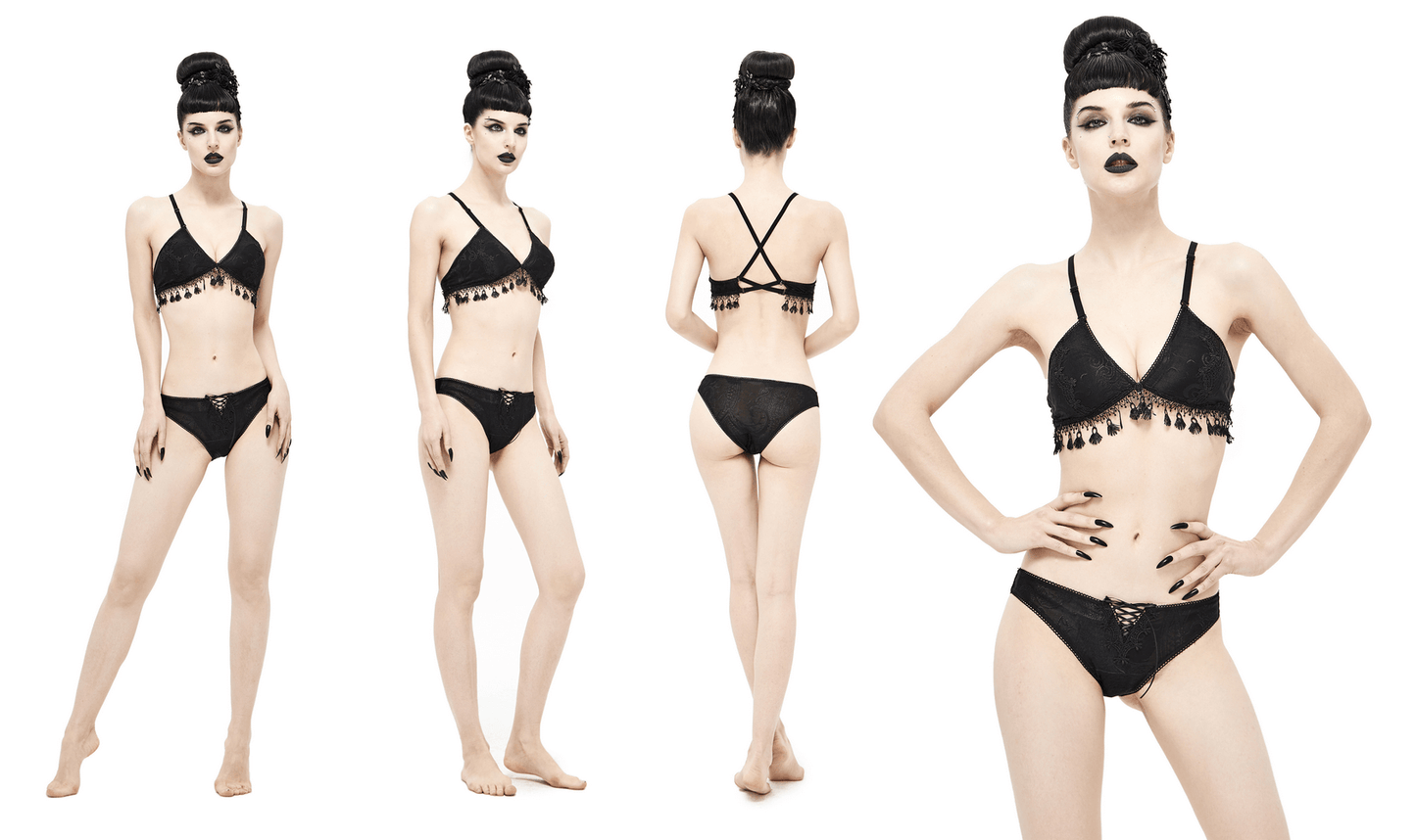 Elegant Black Swimsuit with Brocade / Women's Lacing Bikini with Fringed Lace