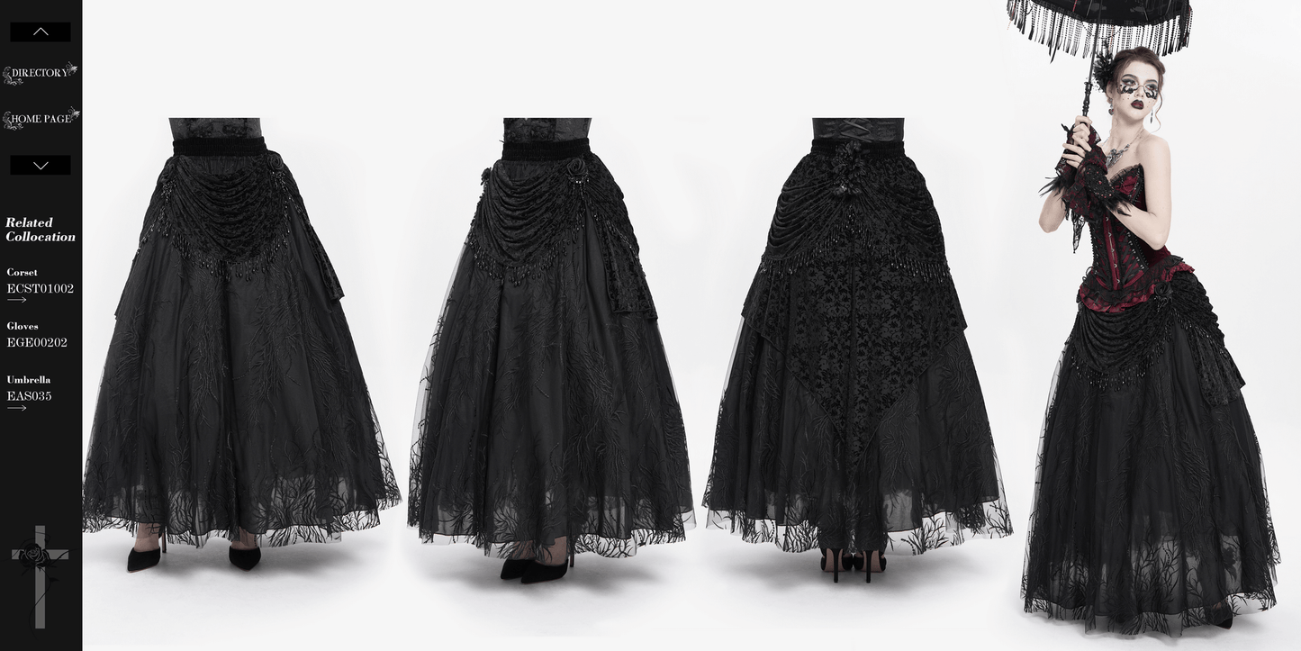 Elegant Gothic Black Velvet Lace Skirt with Beaded Drapes