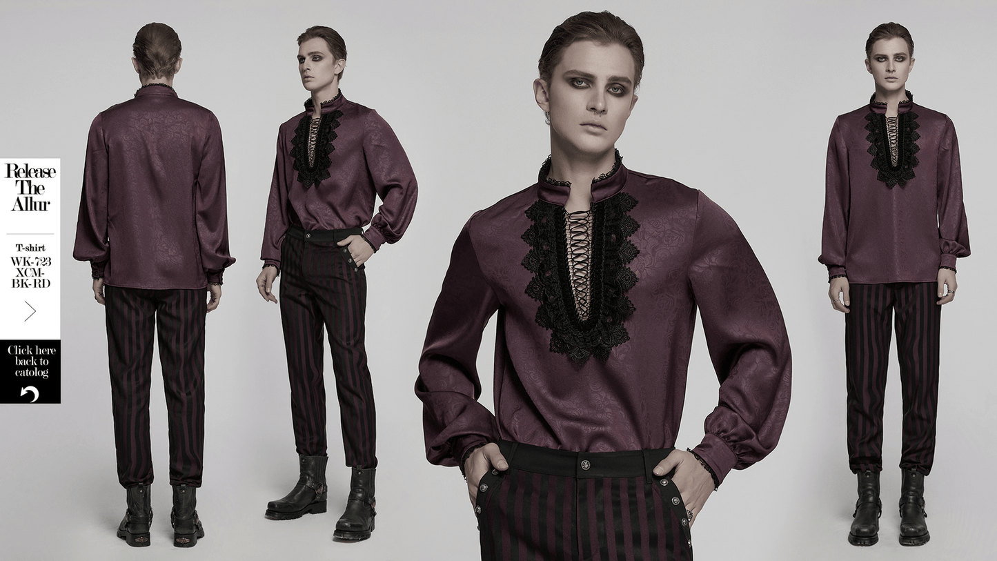 Elegant Gothic Lace Detail Shirt with Stand-up Collar