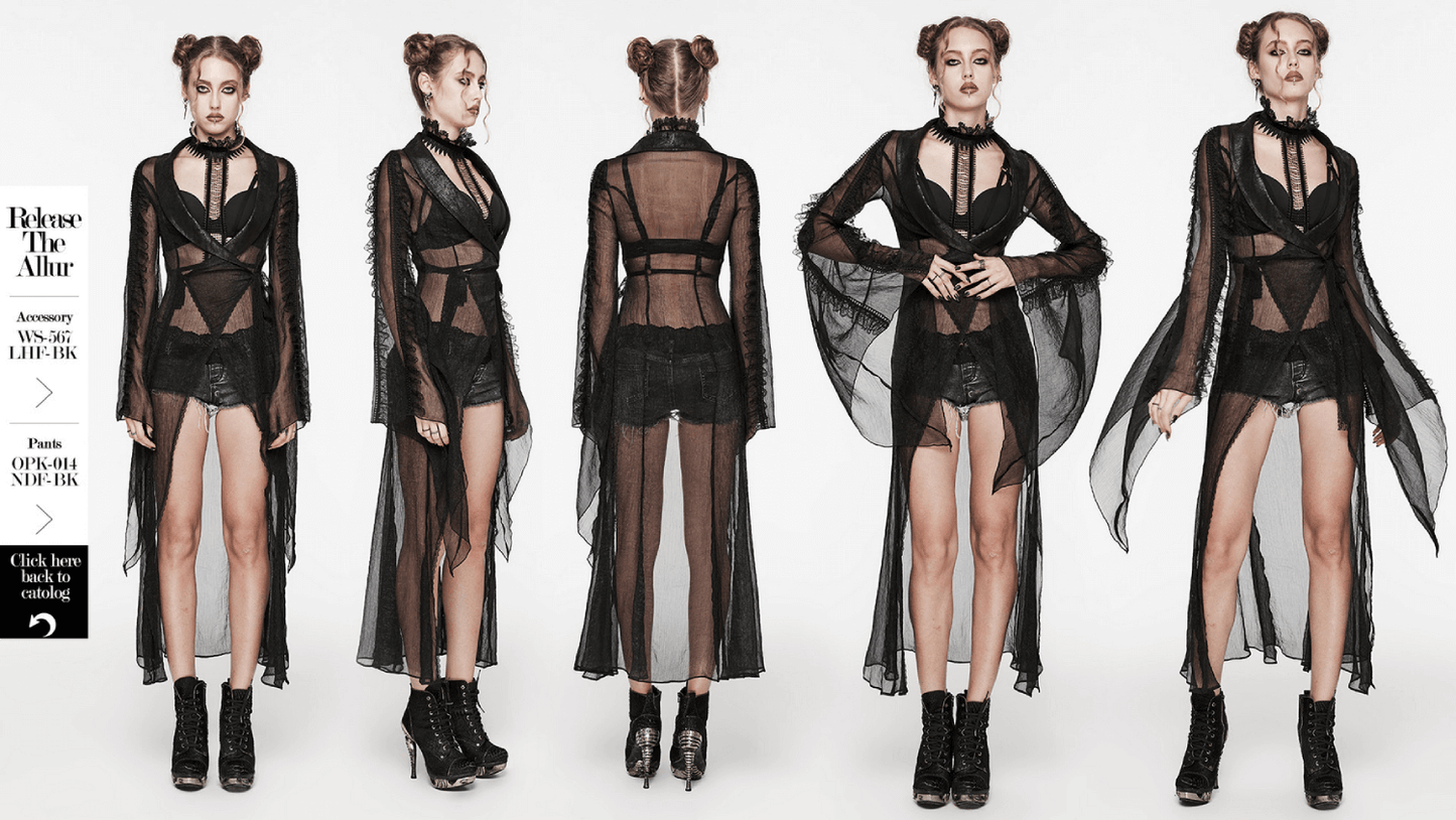 Elegant Gothic Long Chiffon Cape with Cracked PU Leather