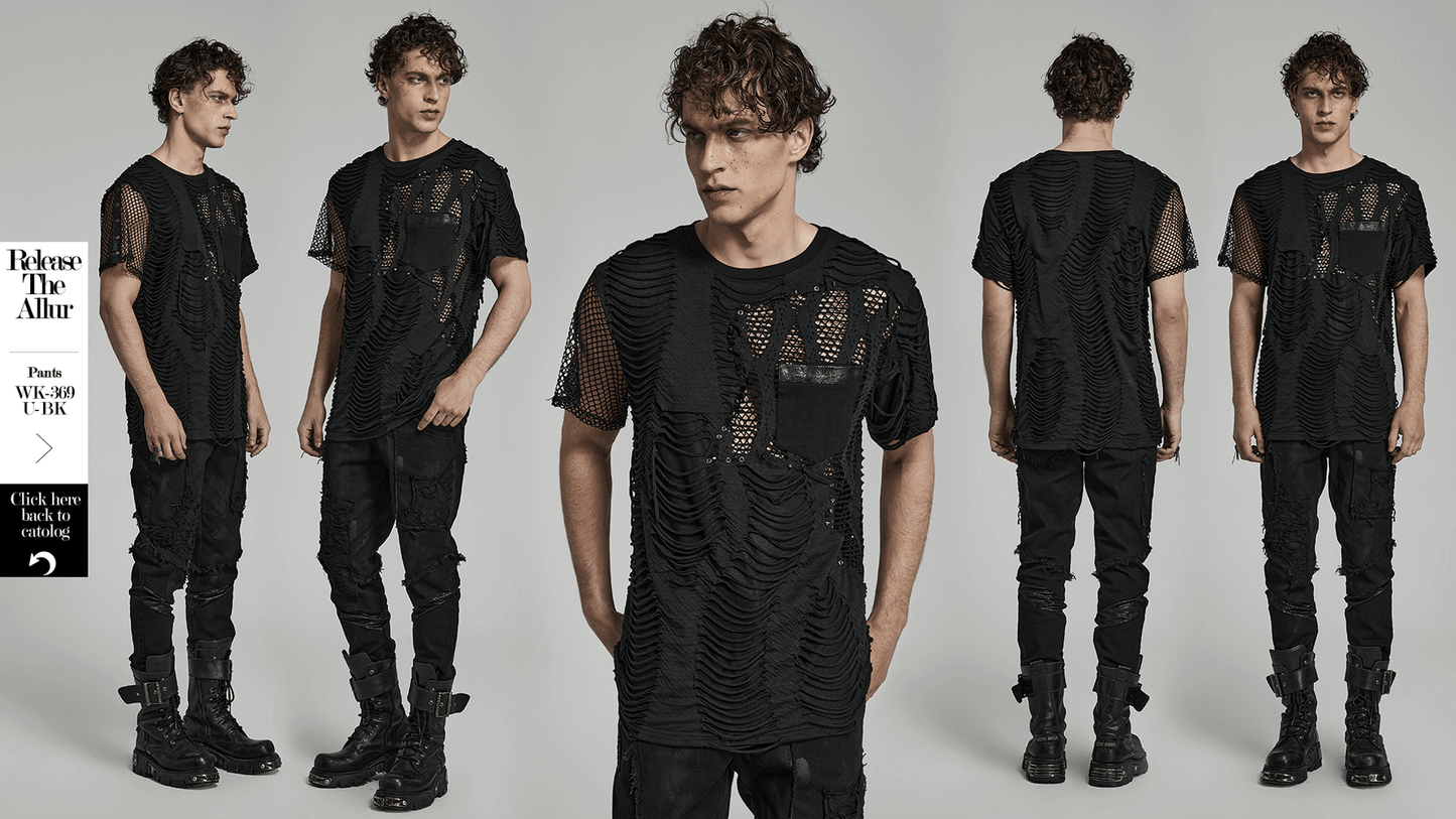 Eyelet-Studded Punk T-Shirt with Mesh Splice Design