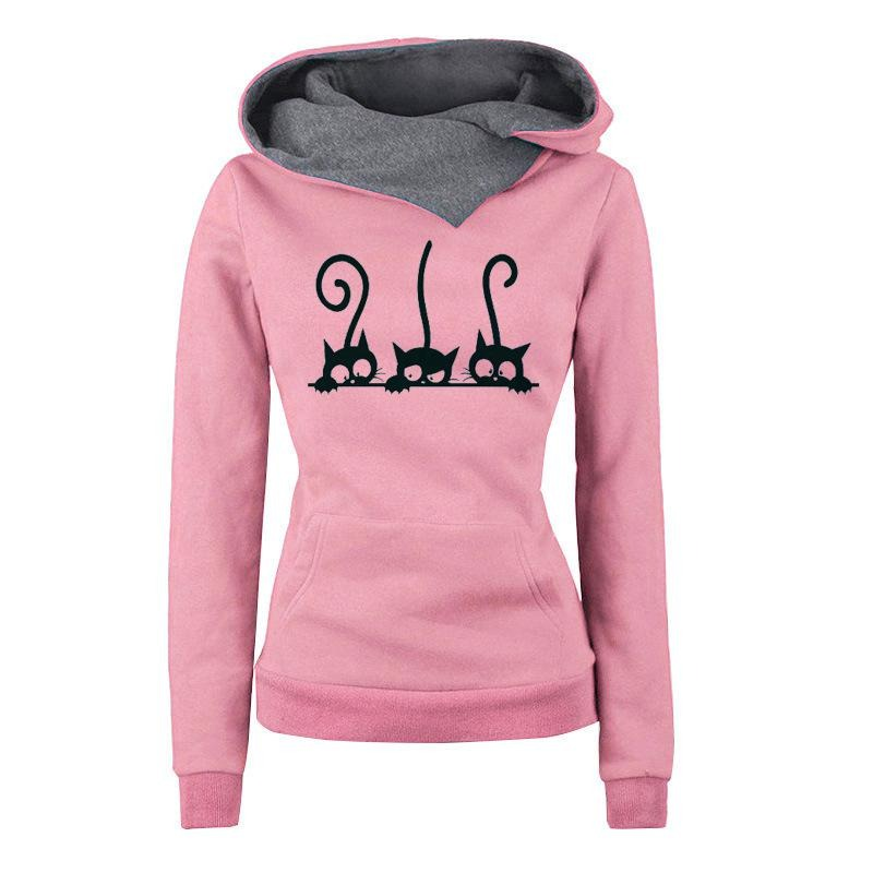 Fashion Cat Printed Long Sleeve Hoodies / Women's Warm Oversized Sweatshirts