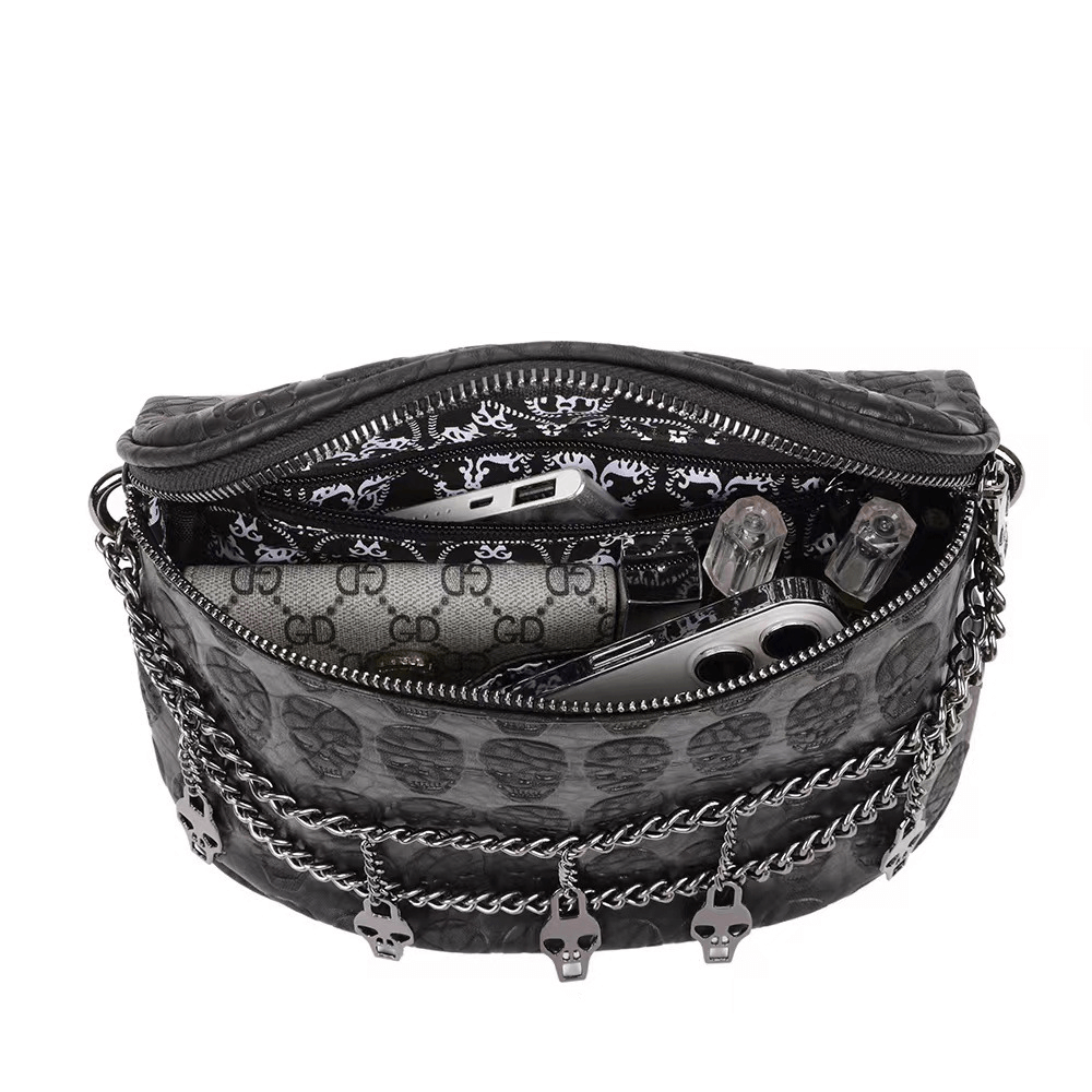 Fashion Shoulder Bag with Chain and Skulls / Ladies Gothic Accessories