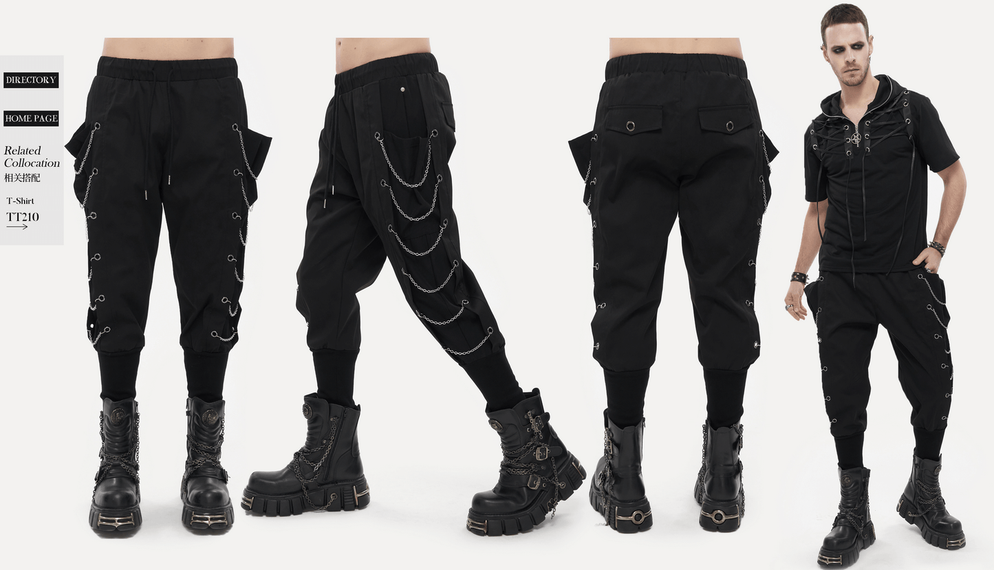Fashion Loose Cargo Pants with Chain Eyelets / Gothic Punk Elastic Waistband Tapered Trousers