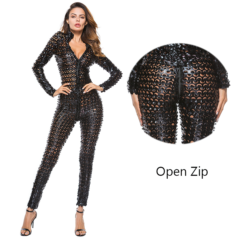 Fashion Women's Faux Leather Jumpsuit / Sexy Latex Bodysuit with Zipper Open Crotch