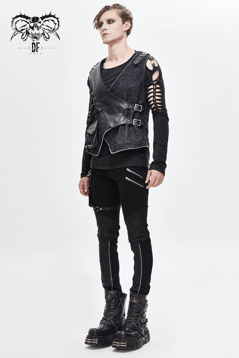 Faux Leather Waistcoats With Pockets / Punk Style Vest with Buckles / Vintage Vest for Men