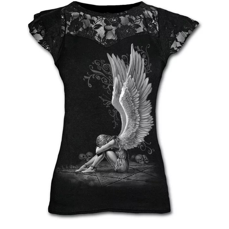 Goth Graphic Lace Black T-Shirt for Women / Cool Female Punk Short Sleeves T-Shirts