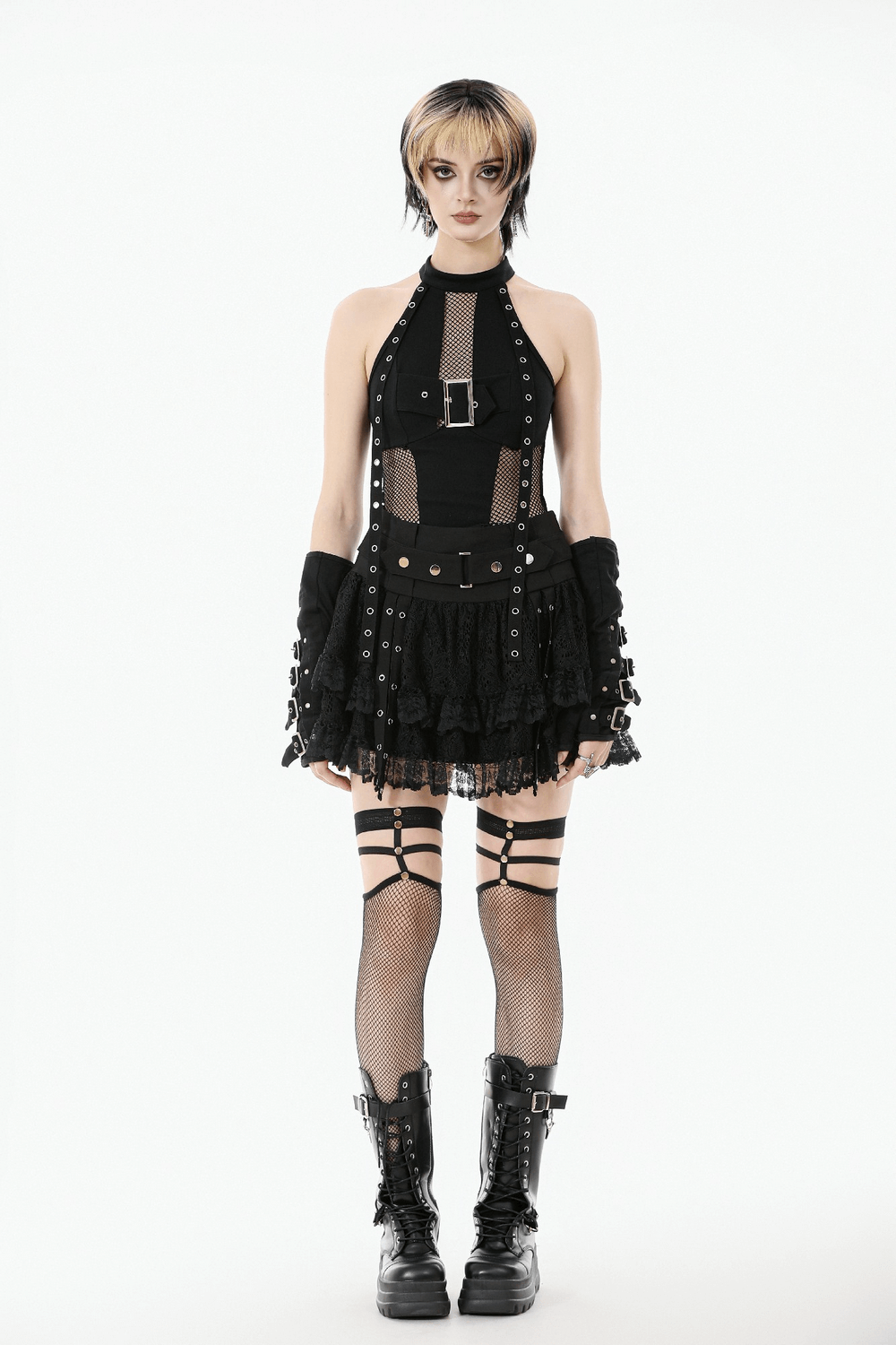 Goth Halter Crop Top with Mesh Panels and Buckle