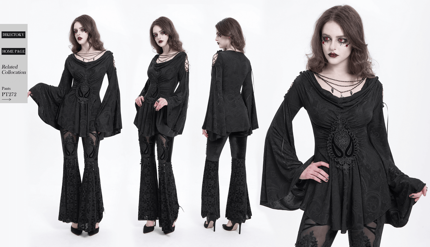 Goth Women's Top with Flared Sleeves and Lace-Up