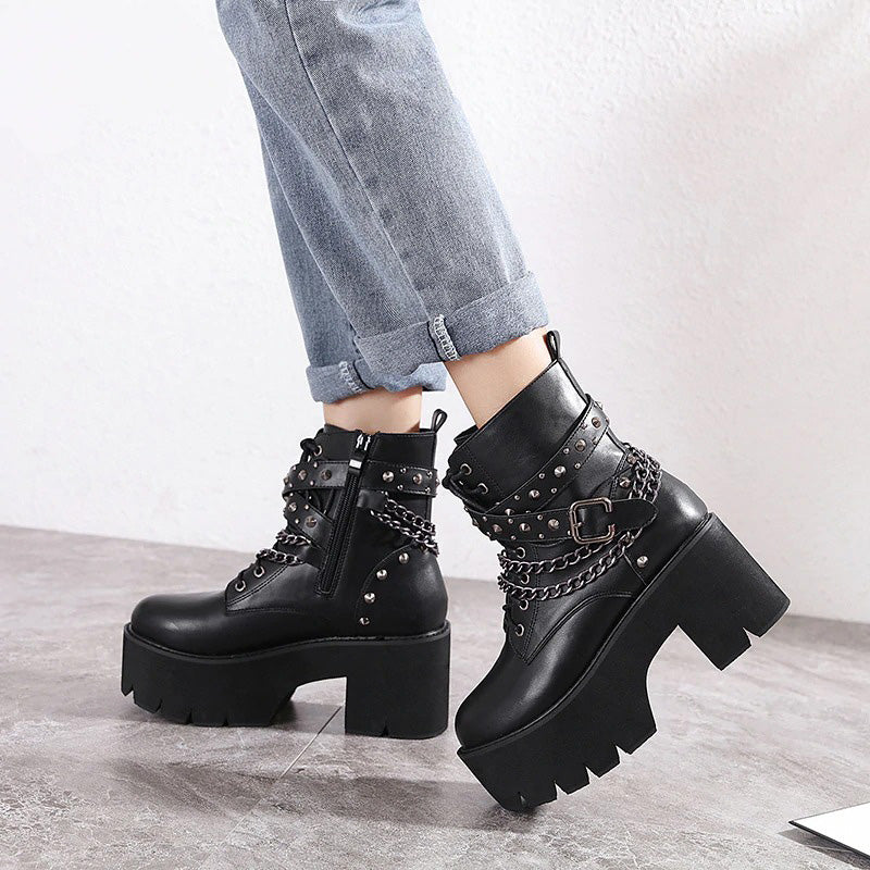 Gothic Ankle Boots For Women / Short Sexy Lady's High Heel Shoes With Lace-Up And Chain