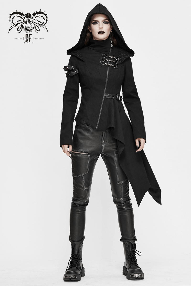 Gothic Asymmetric Jacket with Hood / Women's Diagonal Zip Jacket with Long Side