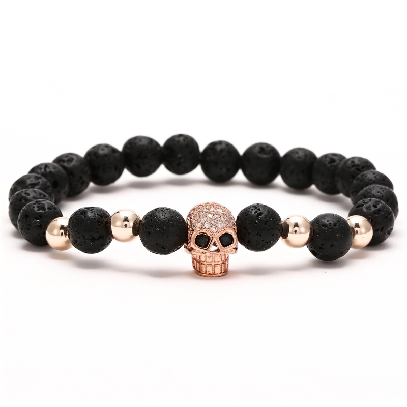 Gothic Beads Stones Bracelet With Skull Head / Unisex Fashion Rock Style Jewelry