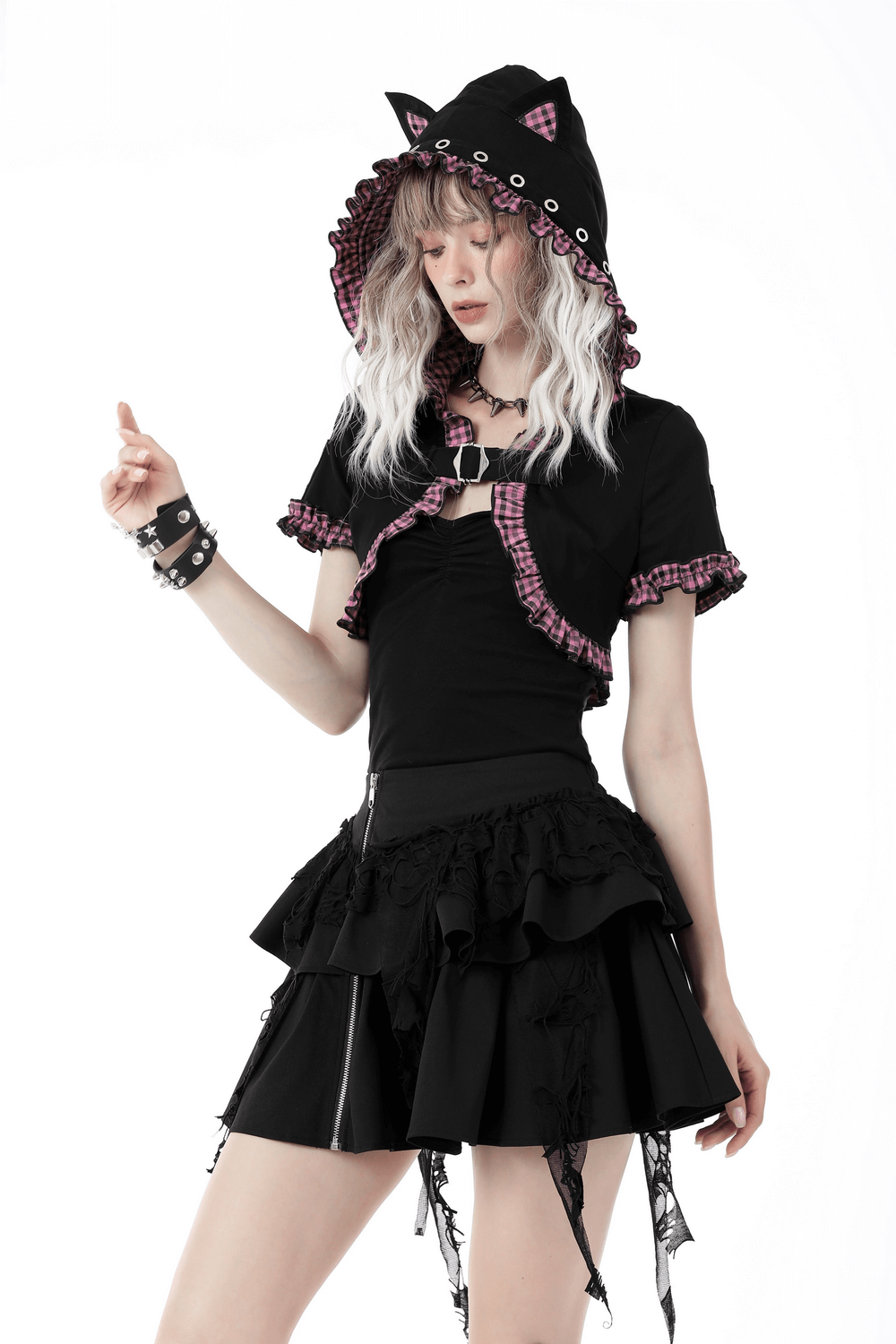 Gothic Black Cat Ear Crop Top with Pink Plaid and Hood