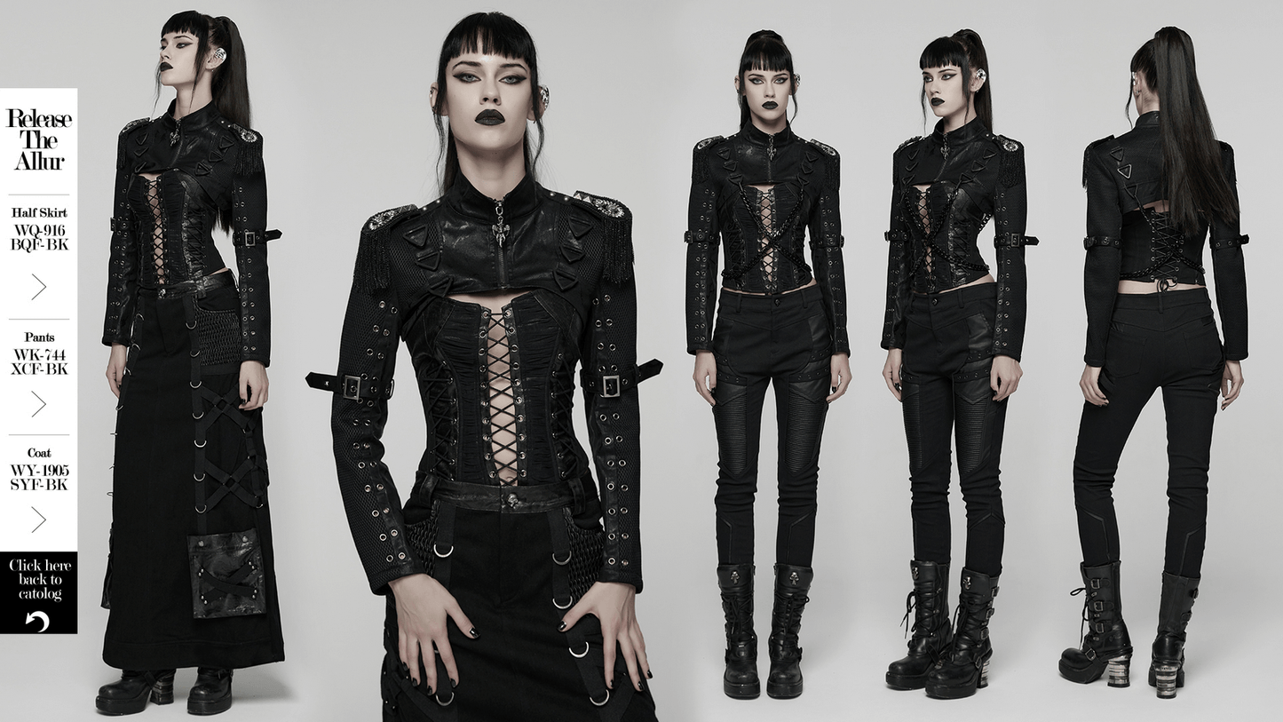 Gothic Black Chain Shrug Cropped Jacket with Punk Lace-Up