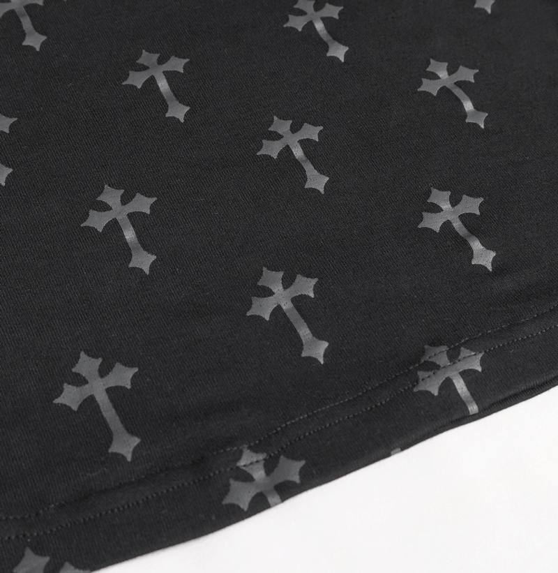 Gothic Black Cross Pattern Short Sleeves Blouse / Women's Turn Down Collar With Lace Trim Blouses