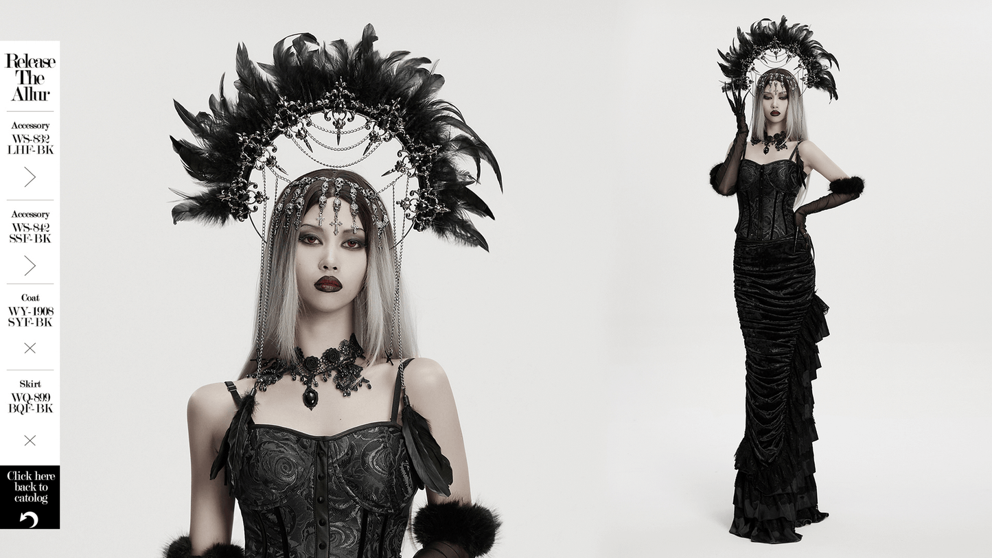 Gothic Black Feather Halo Headdress with Chains
