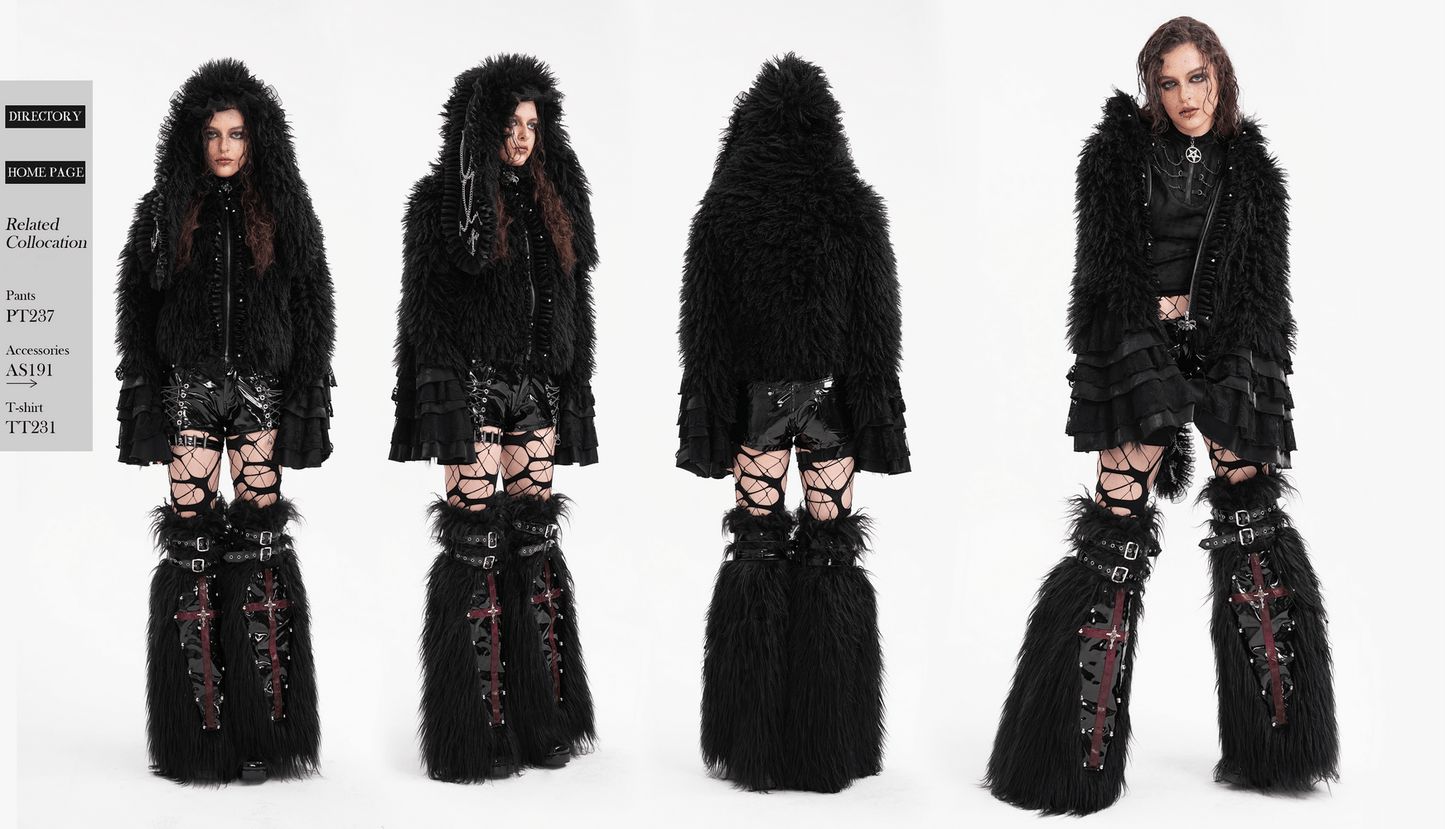 Gothic Black Hooded Jacket with Lace and Fur Details