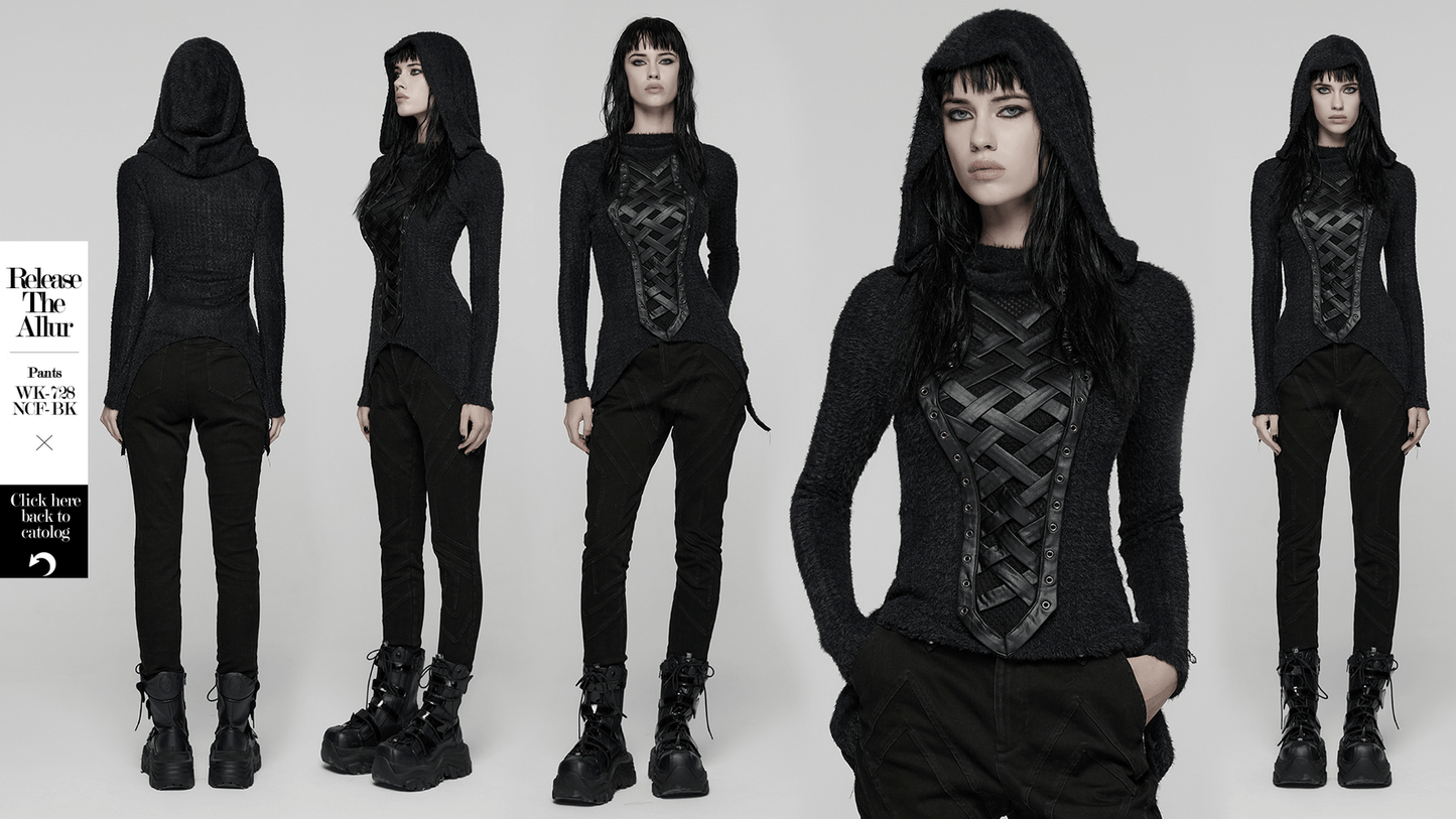 Gothic Black Hooded Top with Woven Cross Front Detail