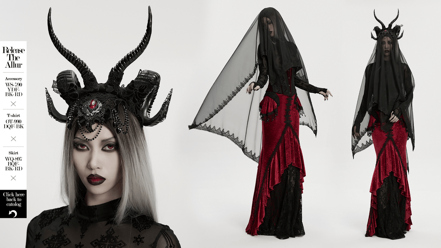 Gothic Black Horned Veil with Lace and Gemstone Chains