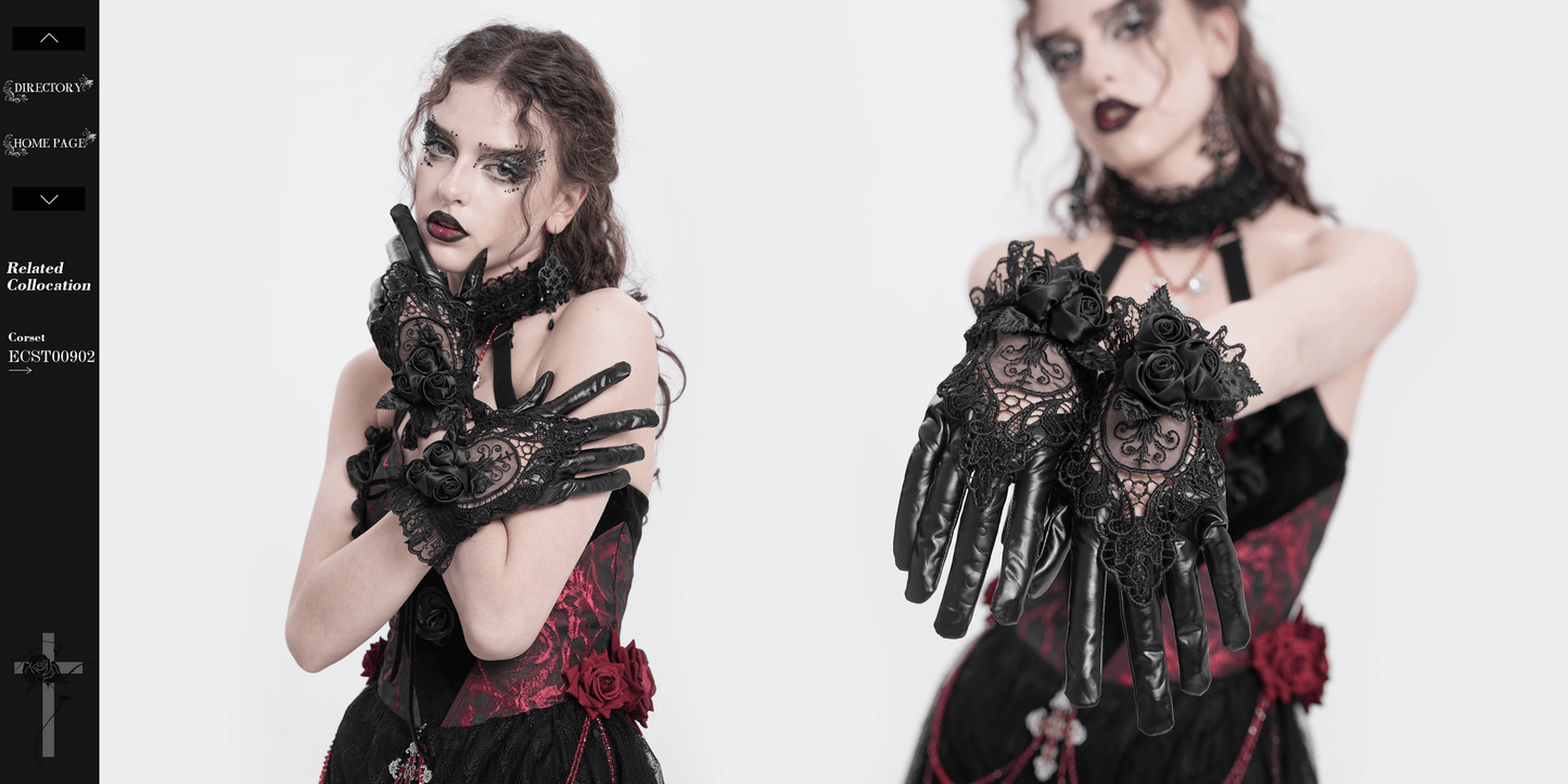 Gothic Black Lace and Satin Rose Gloves with Ruffle