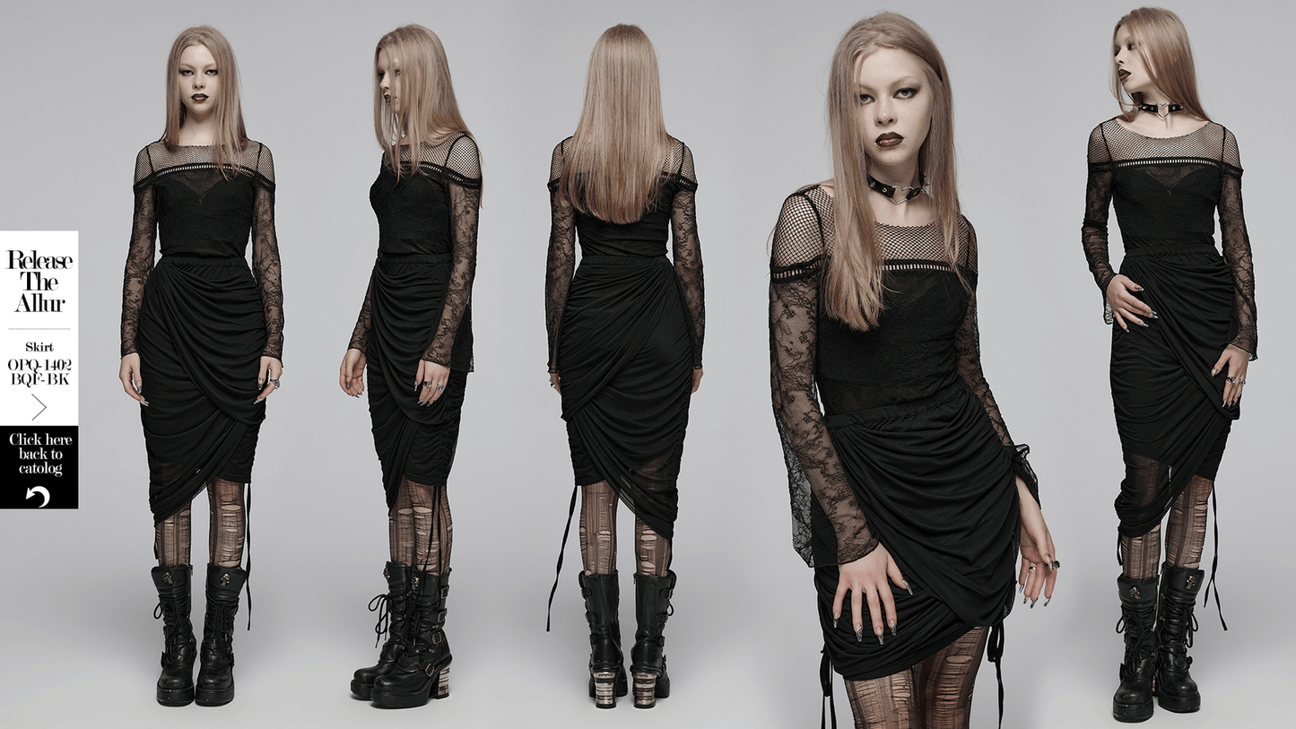 Gothic Black Lace Long Sleeve Top with Mesh Panels