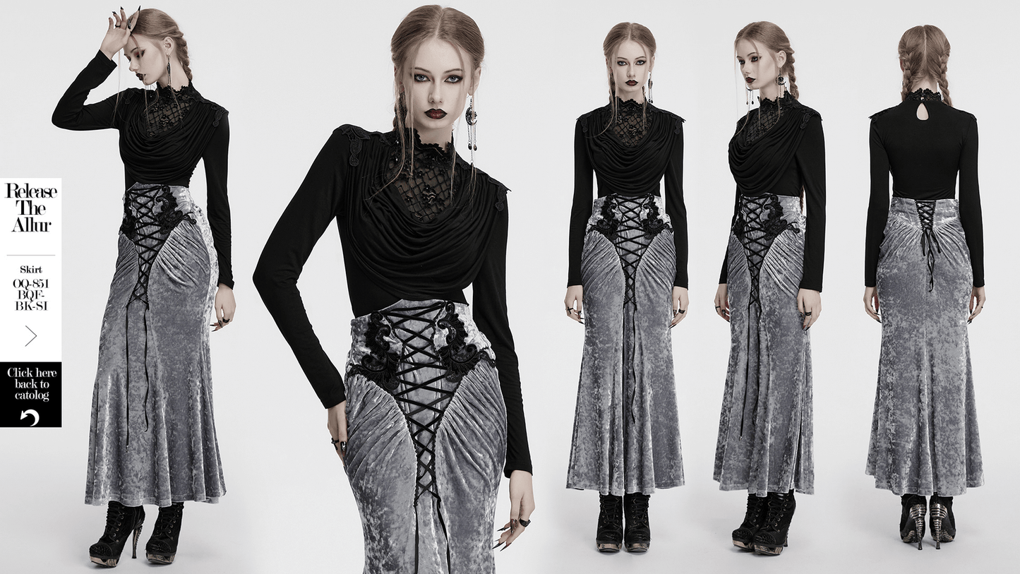 Gothic Black Swinging Collar Lace Long Sleeve Top