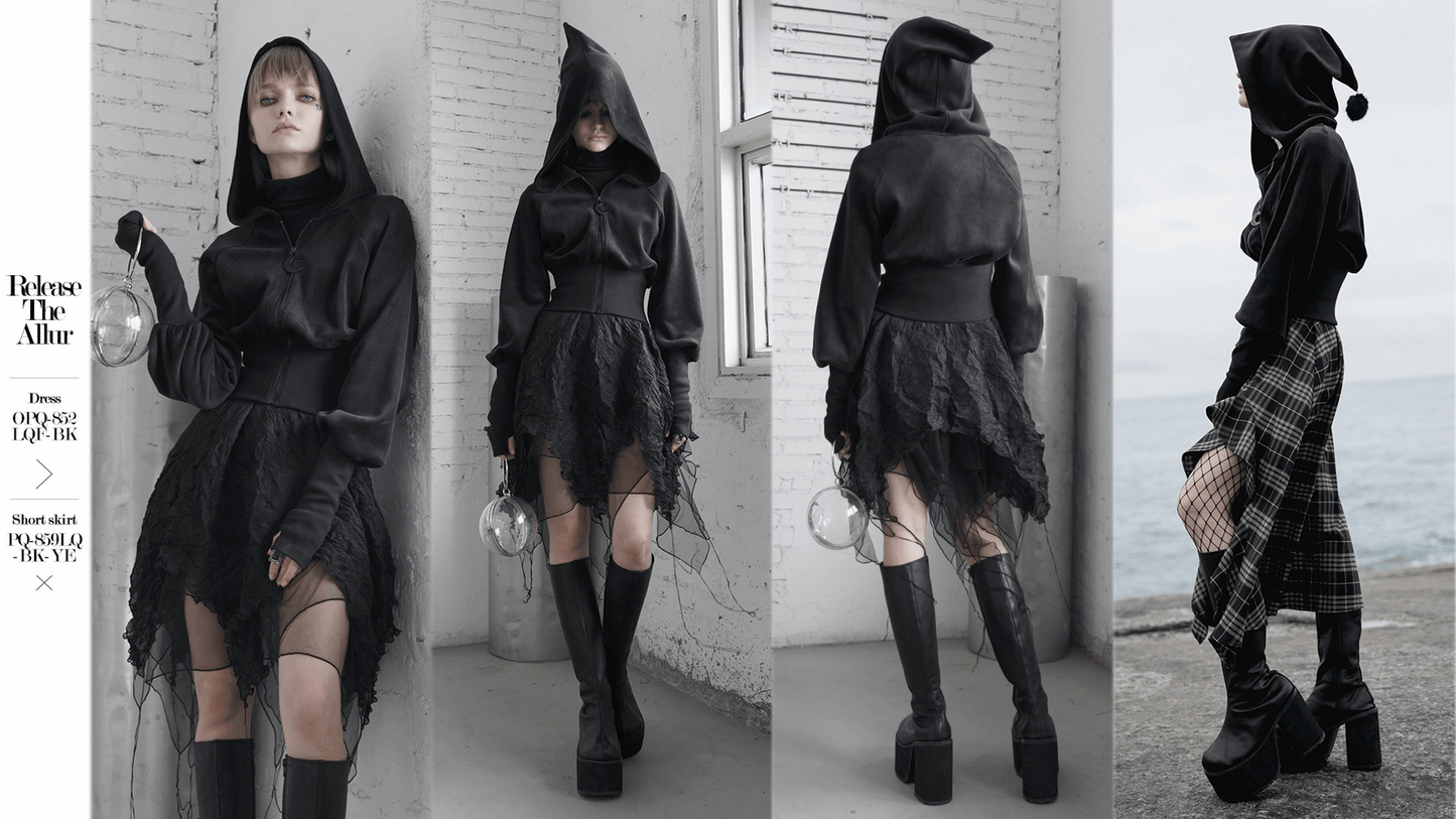 Gothic Black Velvet Hoodie with Pointed Wizard Hood