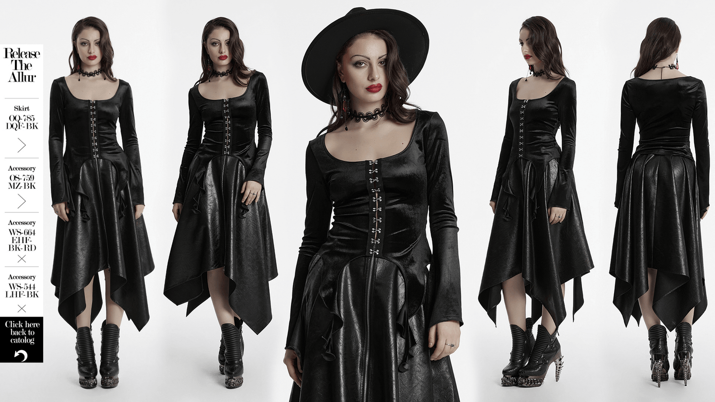 Gothic Black Velvet Top with Square Collar and Metal Buckles