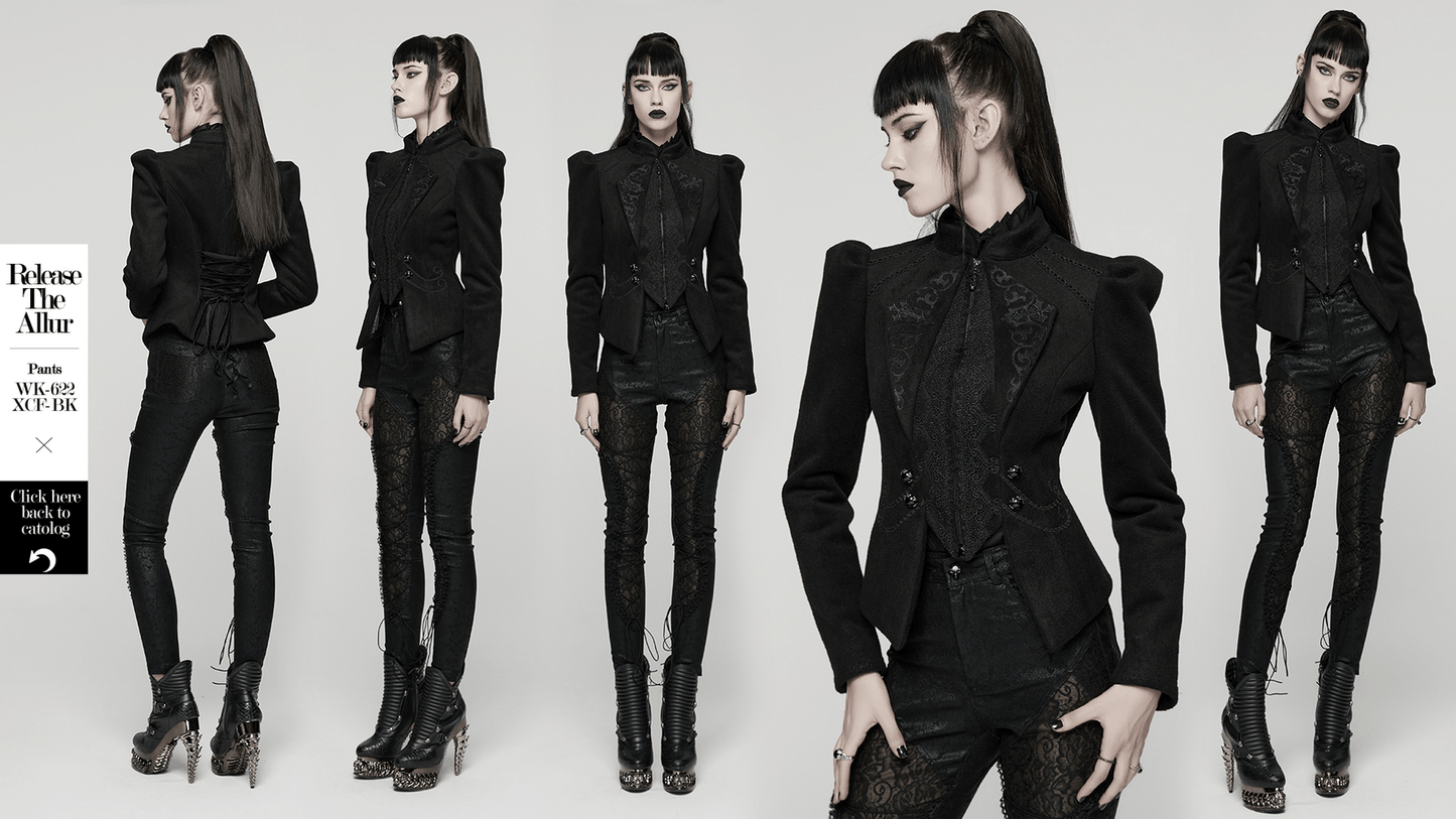 Gothic Black Woolen Jacket with Embroidery and Lace-Up