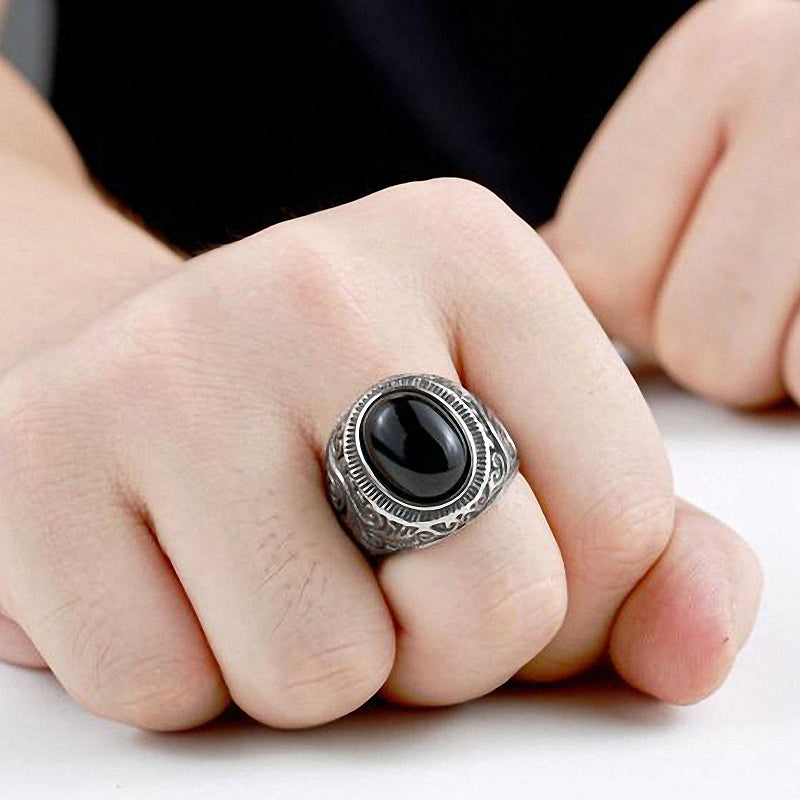 Gothic Blue and Black Stone Ring / Stainless Steel Alternative Fashion Jewelry