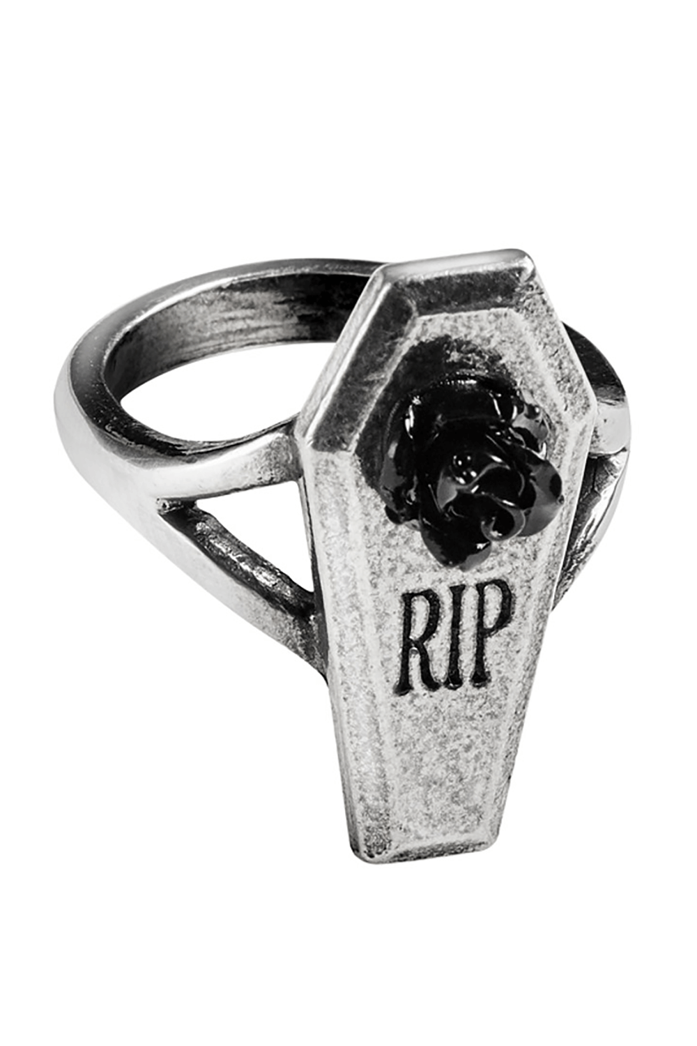 Gothic Coffin and Rose Pewter Ring with 'RIP' Engraving