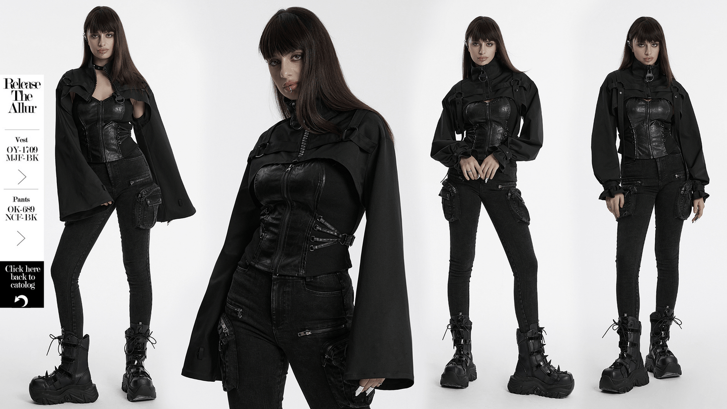 Gothic Cropped Jacket with Metal Loop and Ribbon Details
