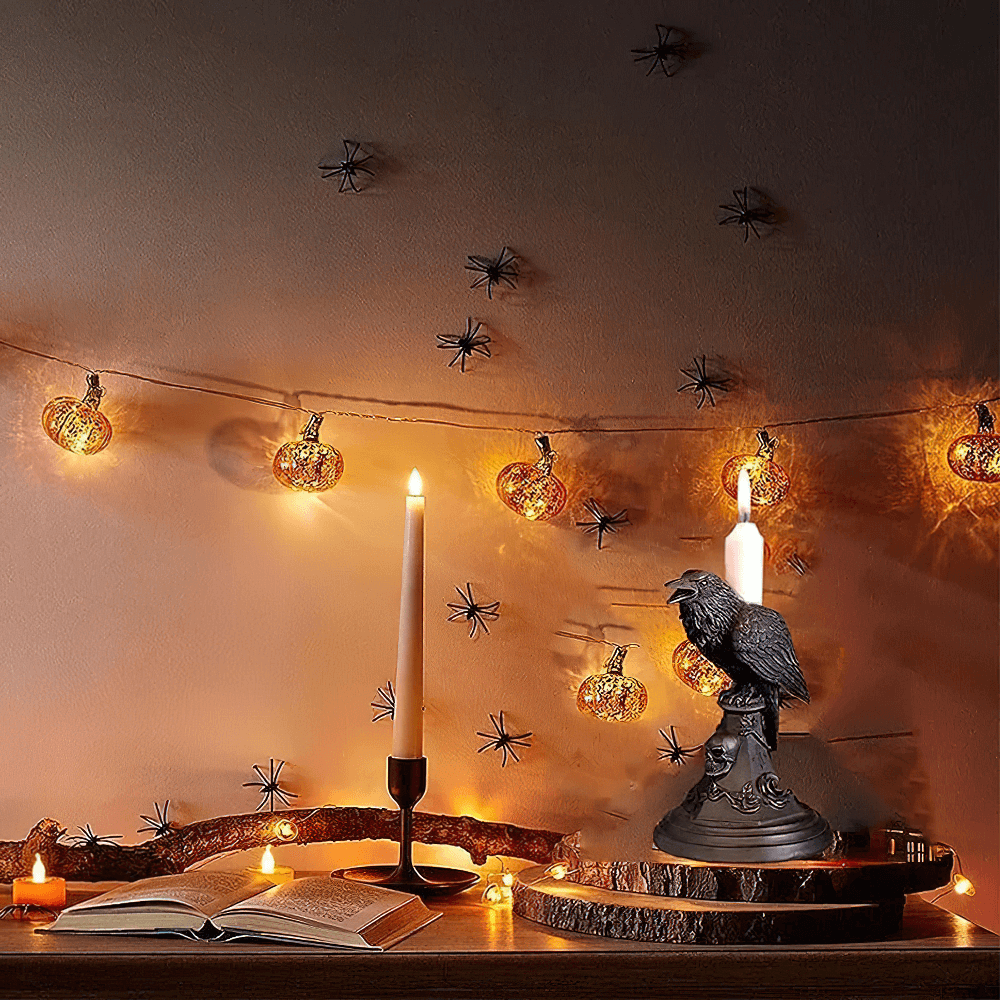 Gothic Crow Candle Holder with Skull Base for Decoration