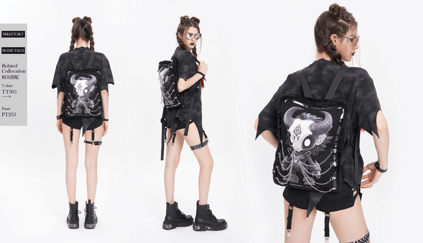 Gothic Demon Skull Backpack with Chains and Fur Trim