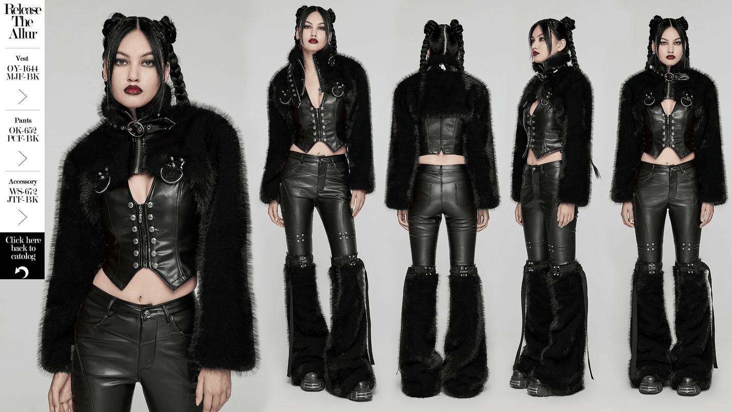 Gothic Faux Fur Cropped Jacket with Zipper and Rivets
