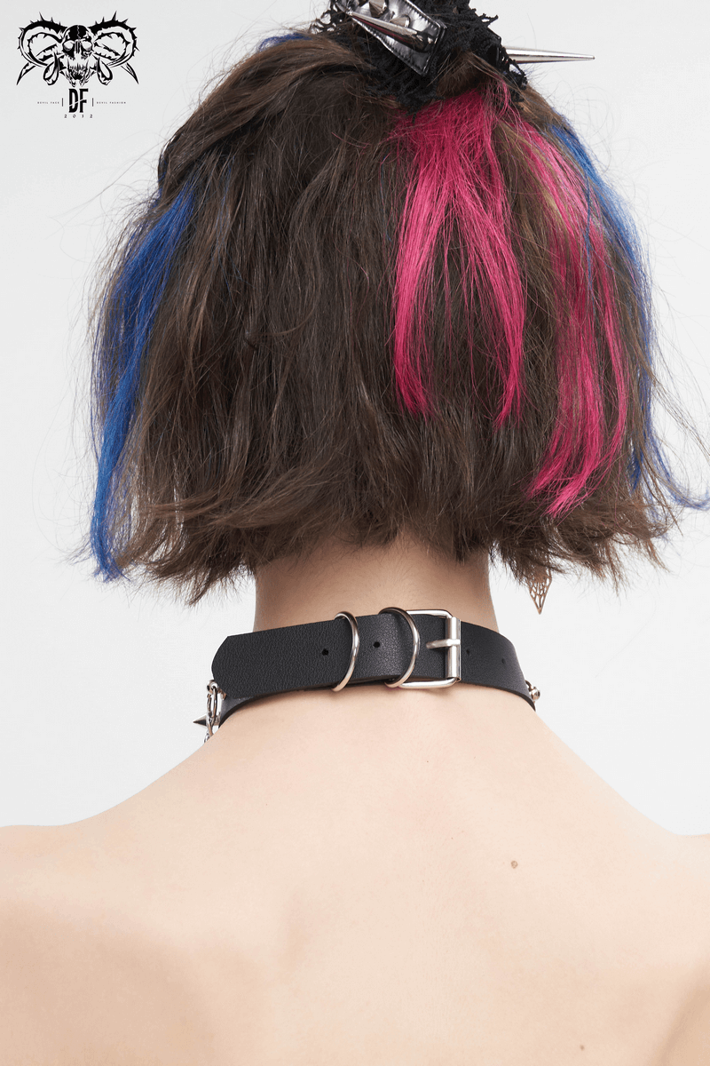 Gothic Faux Leather Choker With Metallic Tassels / Studded Punk Accessories