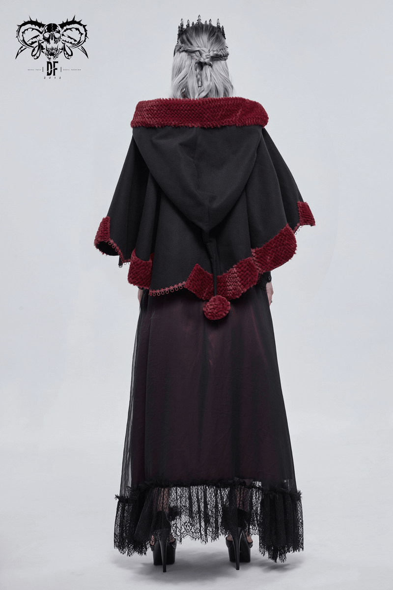 Gothic Floral Embroidered Splice Cape with Pompons / Black Short Cape with Red Guipure