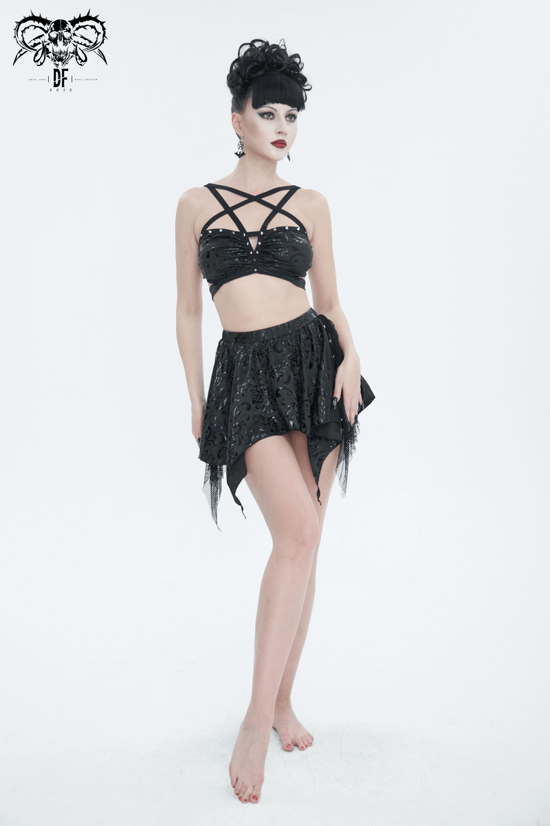 Gothic Floral Print Irregular Splice Swimsuit / Studded Swimwear With Star-Shaped Straps