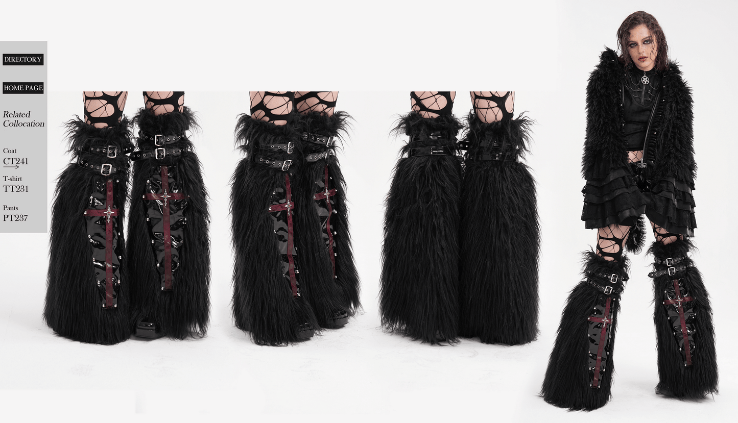 Gothic Furry Leg Warmers with Cross Details and Studs