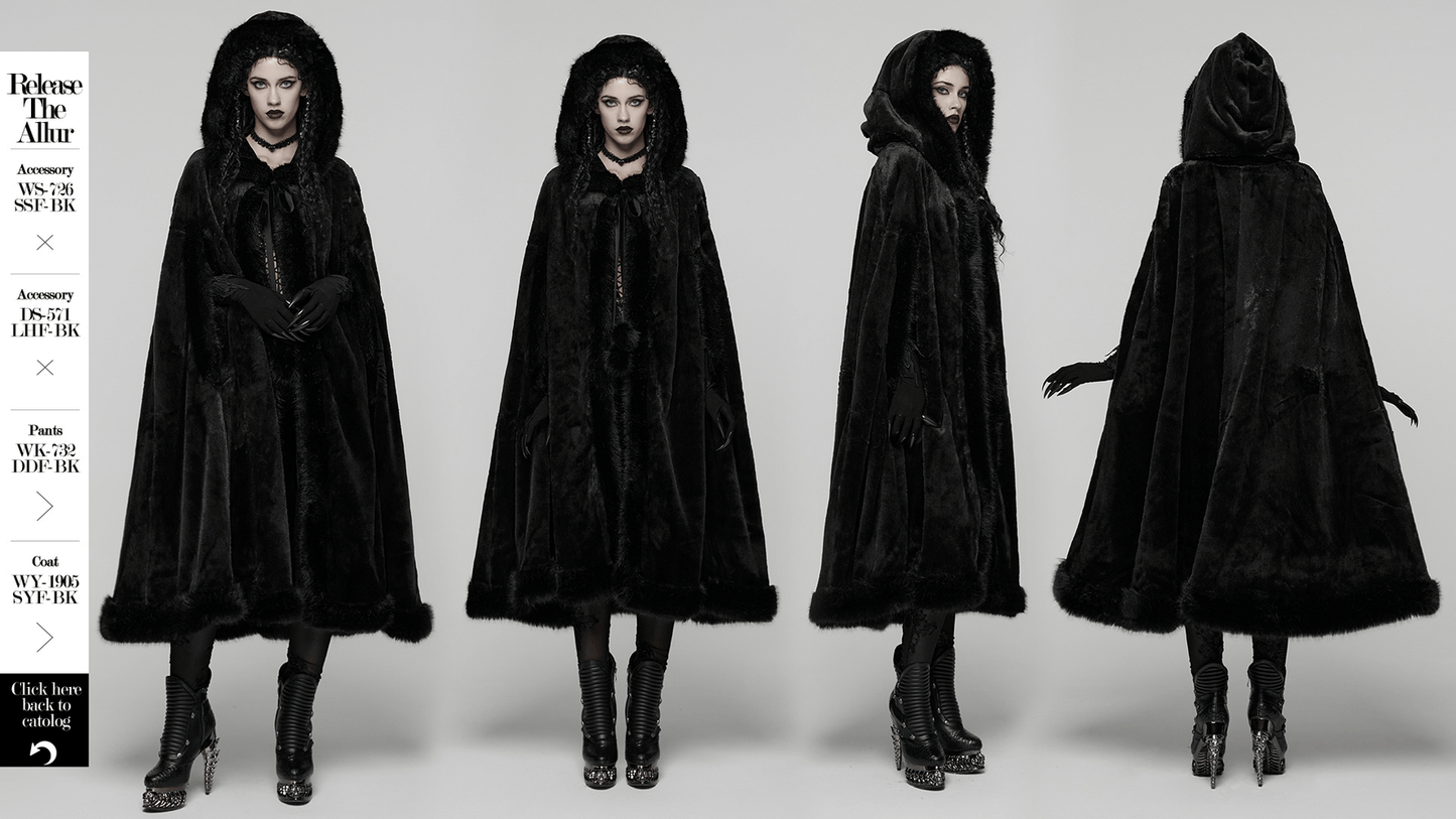 Gothic Hooded Cloak with Faux Fur Trim for Women