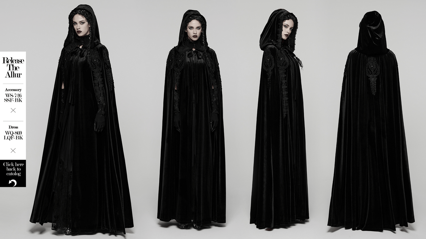 Gothic Hooded Velvet Cloak with Lace and Gem Details