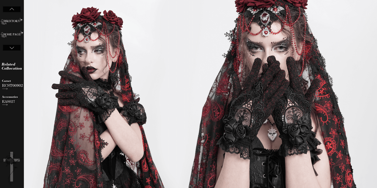 Gothic Lace Gloves with Black Rose and Mesh Details