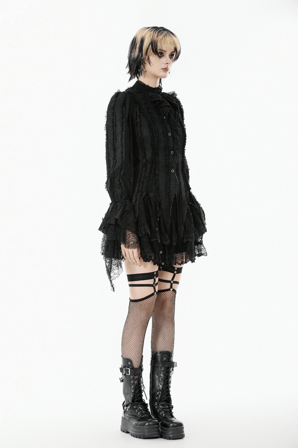 Gothic Lace Ruffle Long Sleeve Shirt with Button Closure