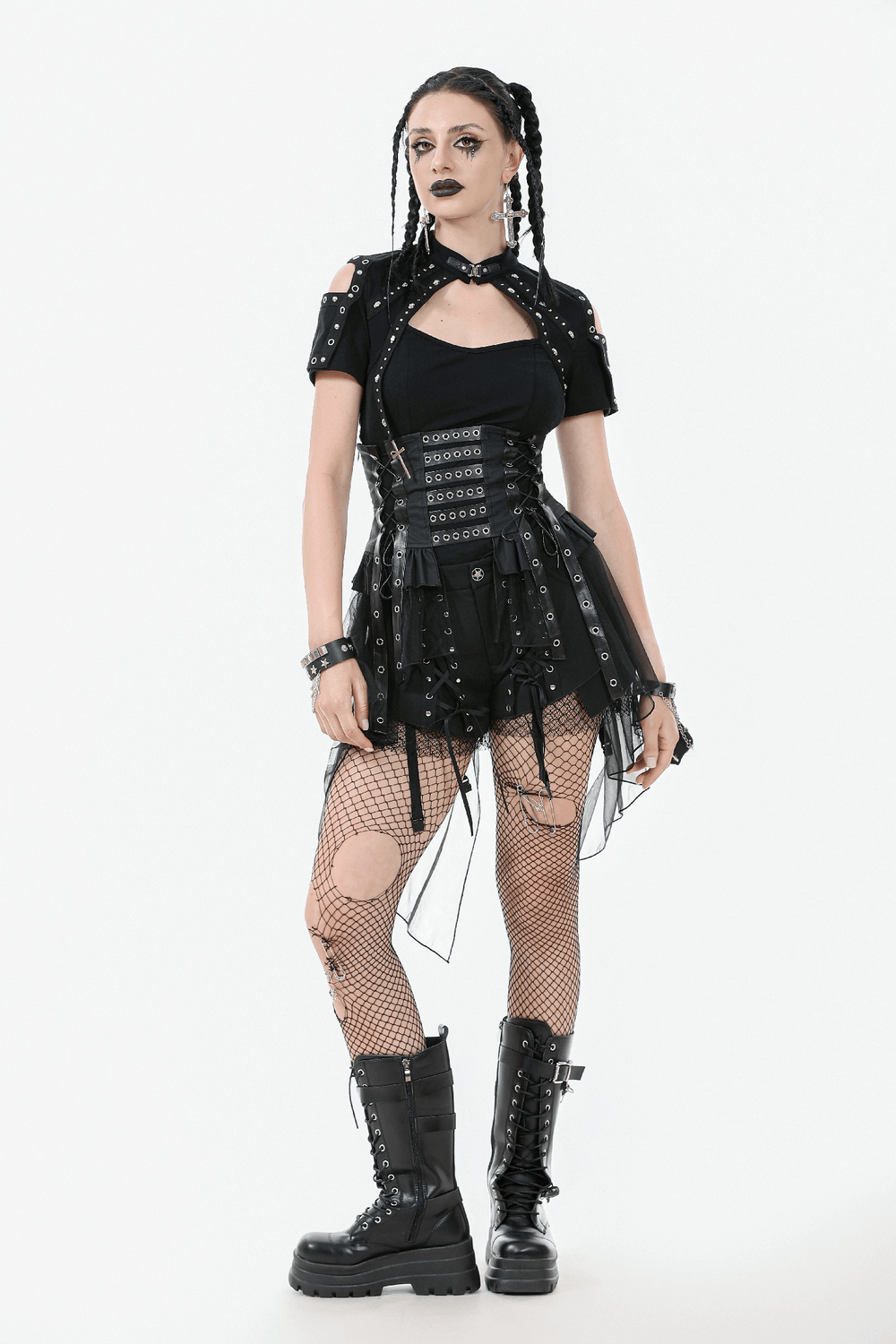 Gothic Lace-Up Corset Belt with Layered Tulle Skirt