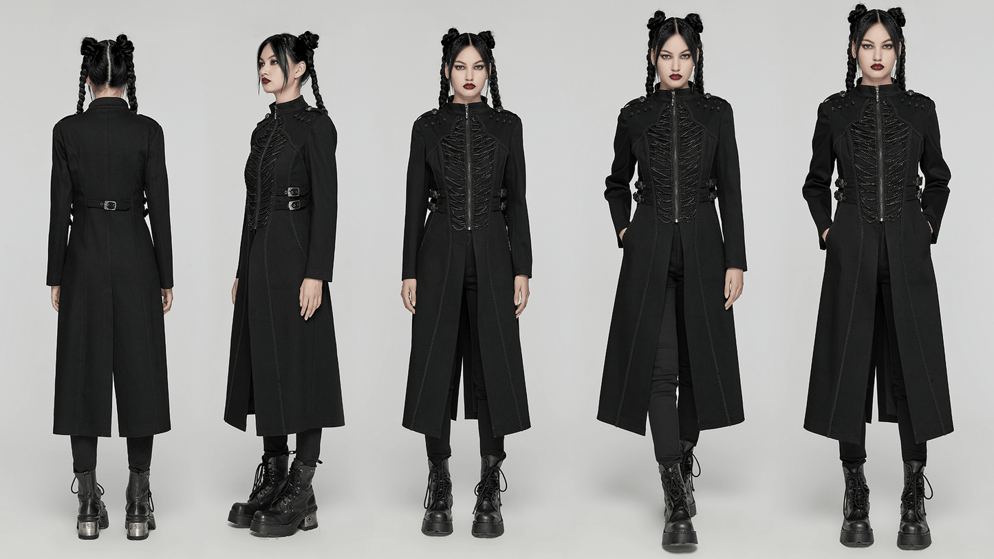 Gothic Long Coat with Chains and Buckle Details