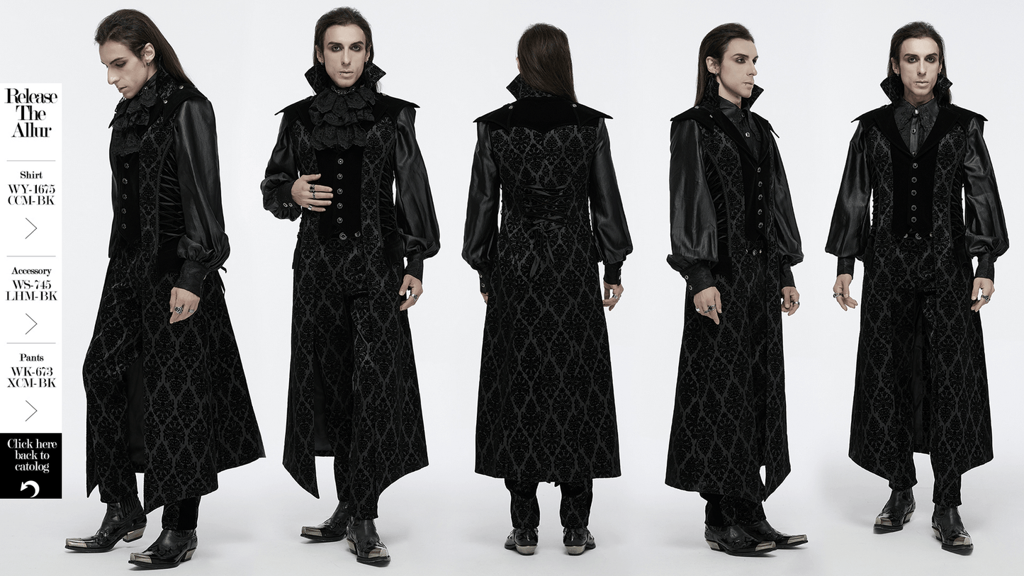 Gothic Long Waistcoat with Stand Collar and Velvet Details