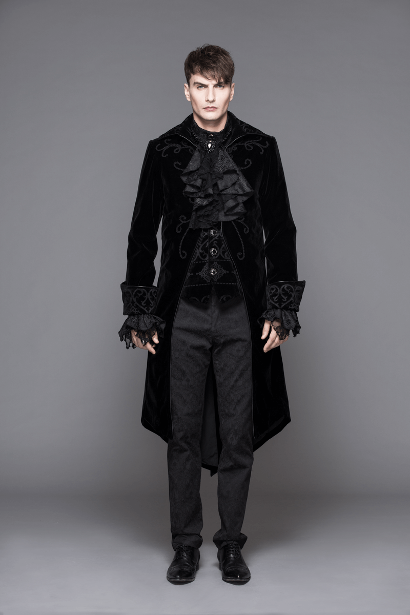 Gothic Men's Tailcoat From Black Velvet / Steampunk Male Coats with Stand Collar
