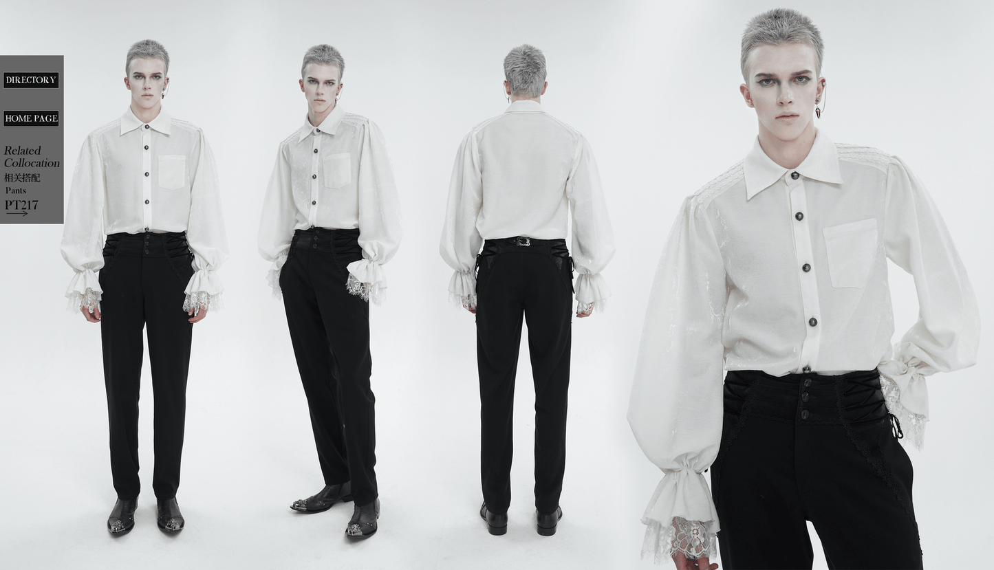 Gothic Men's Turn-Down Collar Shirt with Puff Sleeves / Vintage Male Floral Embossing Shirts