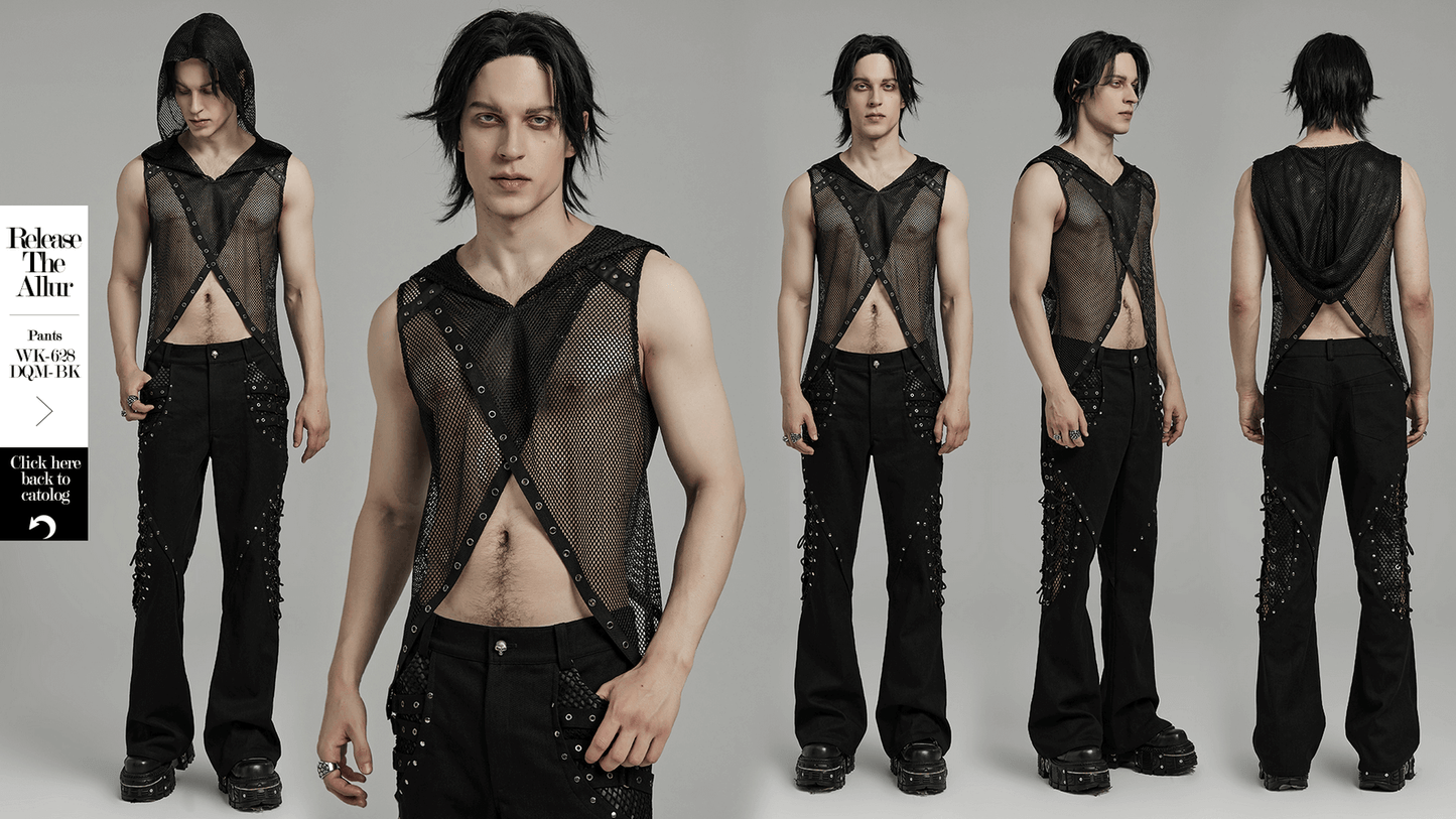 Gothic Mesh Hooded Vest / Sexy Punk Hollow Out Design Top