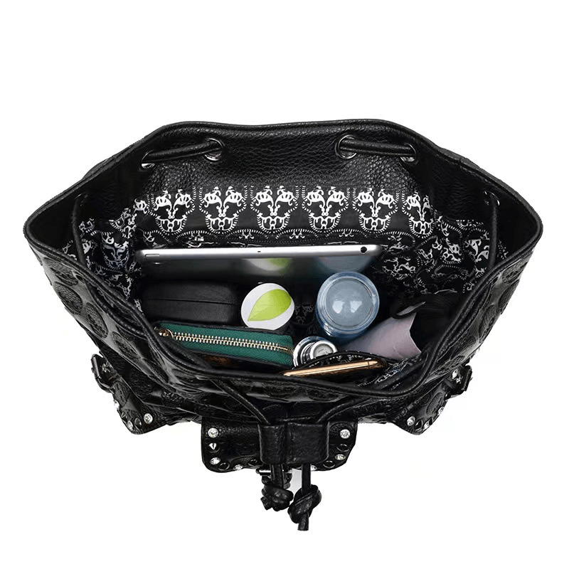 Gothic Multi-pockets Studded Backpack / Fashion Skull Pattern Black Rucksack